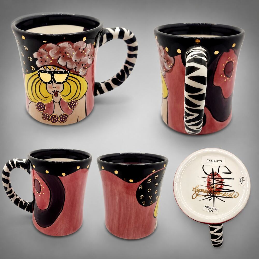 Laurel Burch FantastiCats Diva Cat Mug Cup Zebra Handle Hand Painted 4” Tall